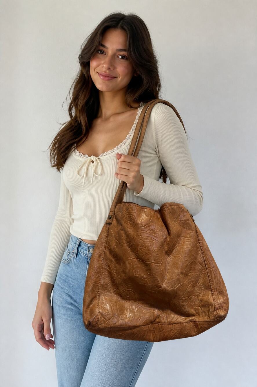 American Leather Co. Embossed Brown Leather Shoulder Bag
